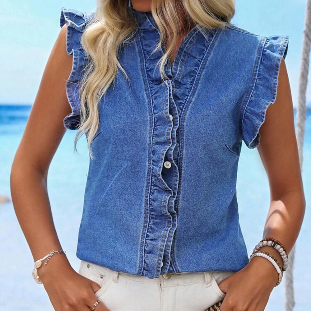 New denim sleeveless button down top - Picture 1 of 7